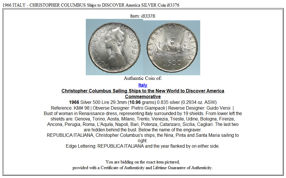 1966 ITALY - CHRISTOPHER COLUMBUS Ships to DISCOVER America SILVER Coin i83376