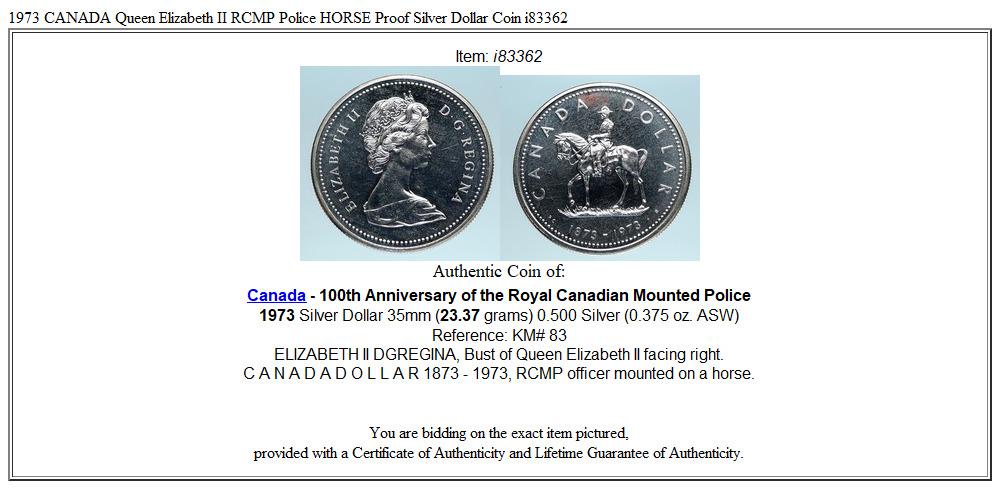 1973 CANADA Queen Elizabeth II RCMP Police HORSE Proof Silver Dollar Coin i83362