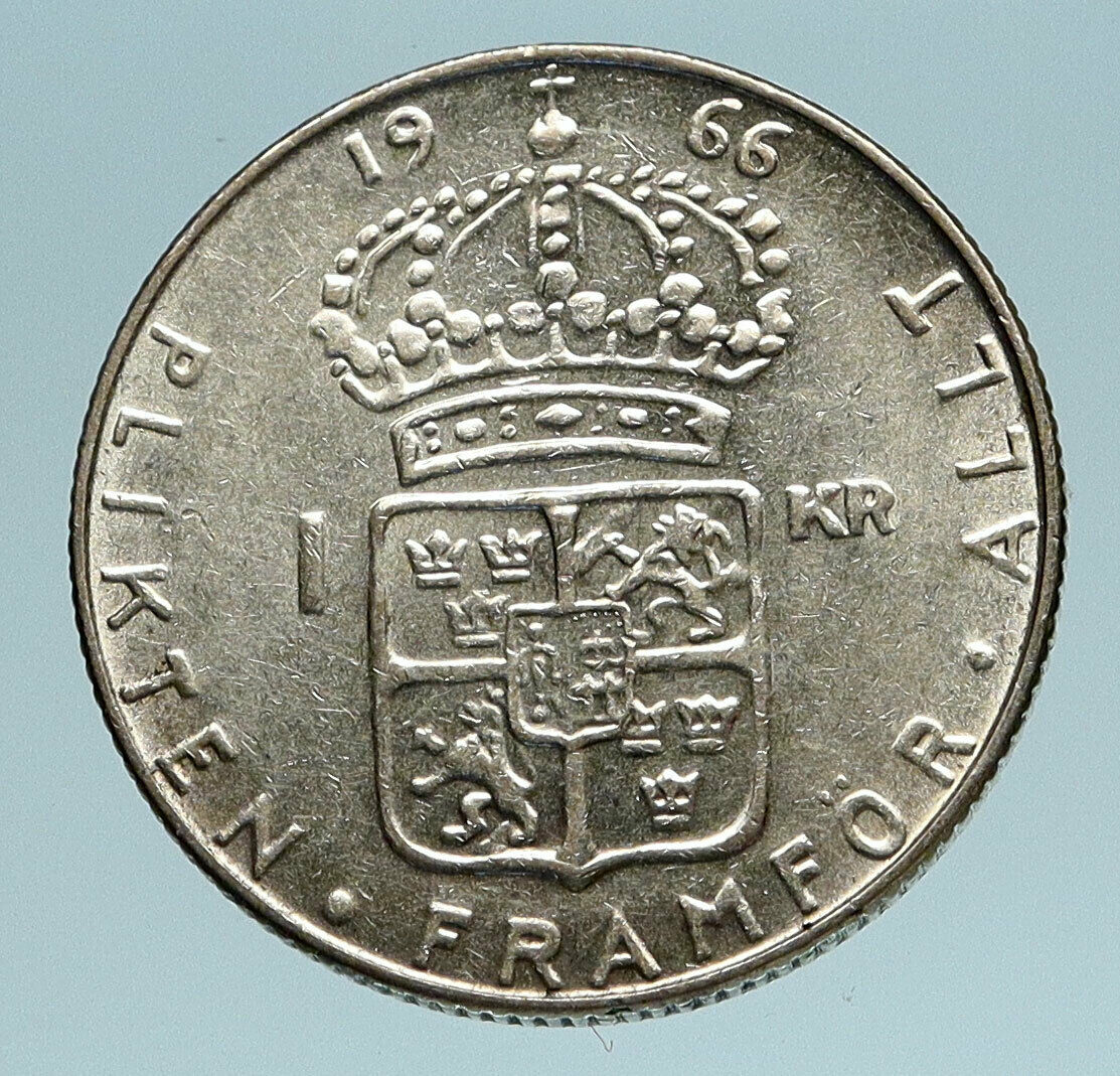 1966 SWEDEN King GUSTAV VI ADOLF Krona Silver SWEDISH Coin Coat of Arms i83367