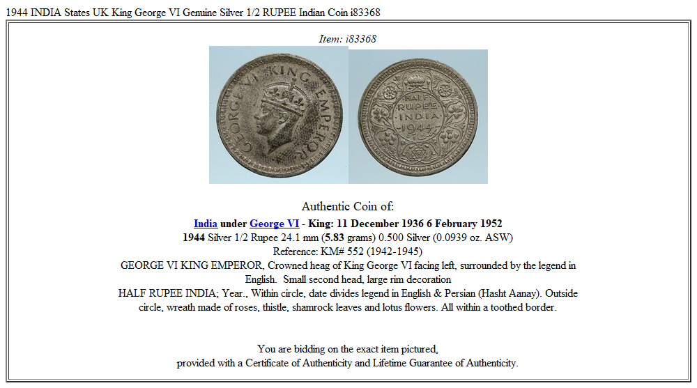 1944 INDIA States UK King George VI Genuine Silver 1/2 RUPEE Indian Coin i83368