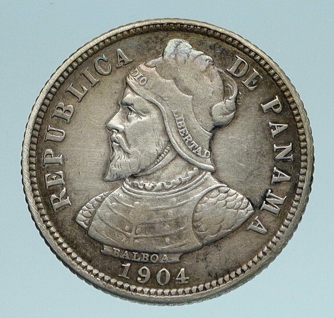 1904 PANAMA CONQUISTADOR BALBOA Antique Genuine Silver 10 Centesimos Coin i83370