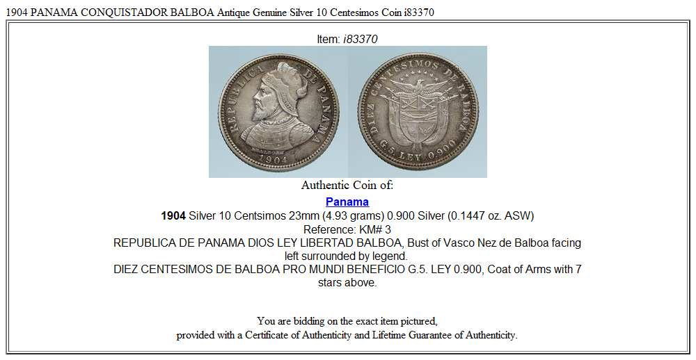 1904 PANAMA CONQUISTADOR BALBOA Antique Genuine Silver 10 Centesimos Coin i83370