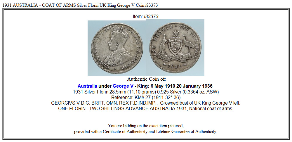 1931 AUSTRALIA - COAT OF ARMS Silver Florin UK King George V Coin i83373