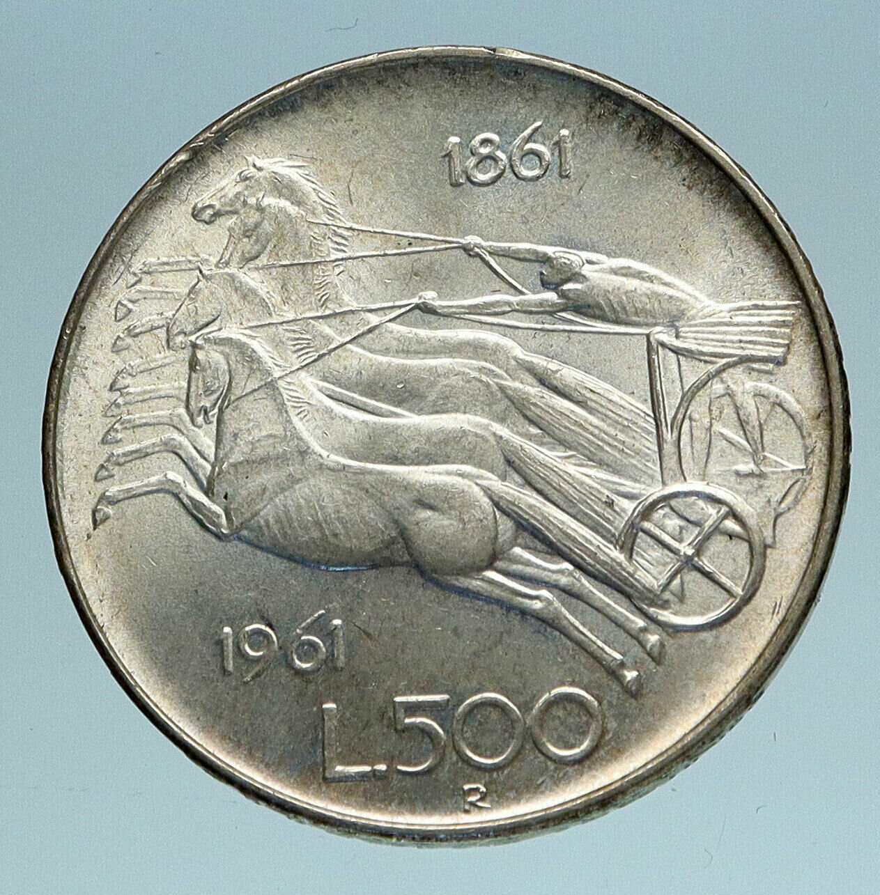 1961 ITALY Silver 500 Lire Coin ITALIAN UNIFICATION Rome Capital CHARIOT i83386