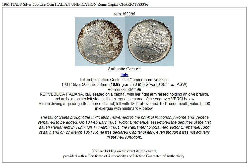 1961 ITALY Silver 500 Lire Coin ITALIAN UNIFICATION Rome Capital CHARIOT i83386