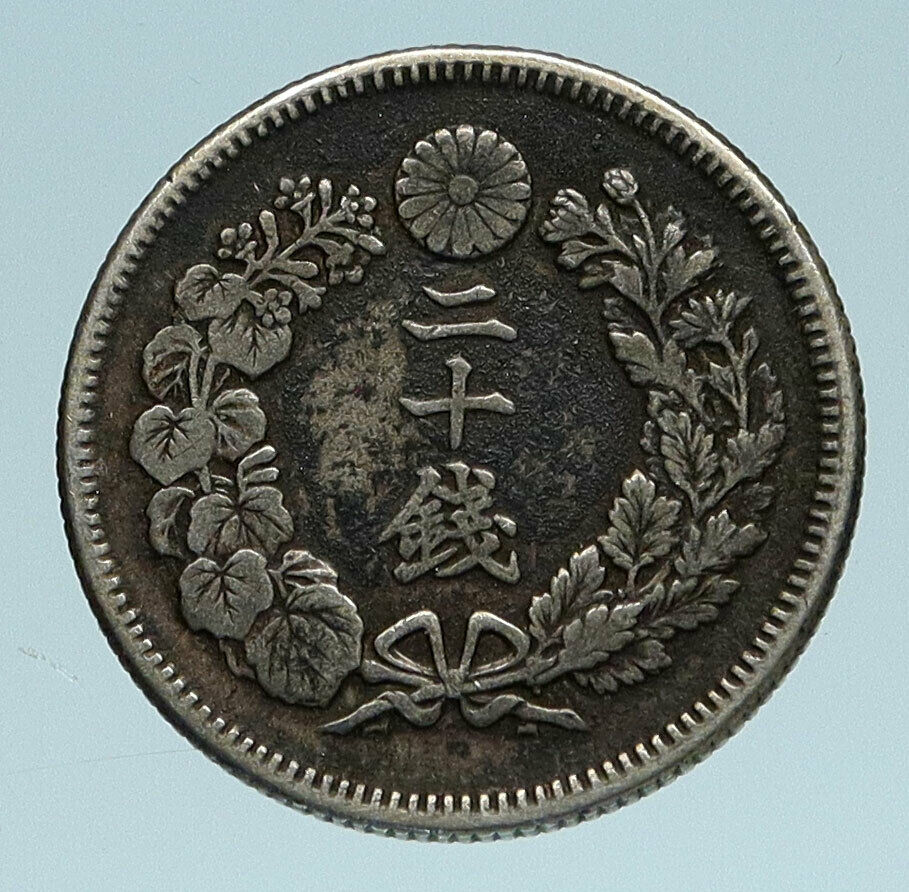 1907 Yr 40 JAPAN Emperor MEIJI Silver Antique Silver JAPANESE 20 Sen Coin i83387