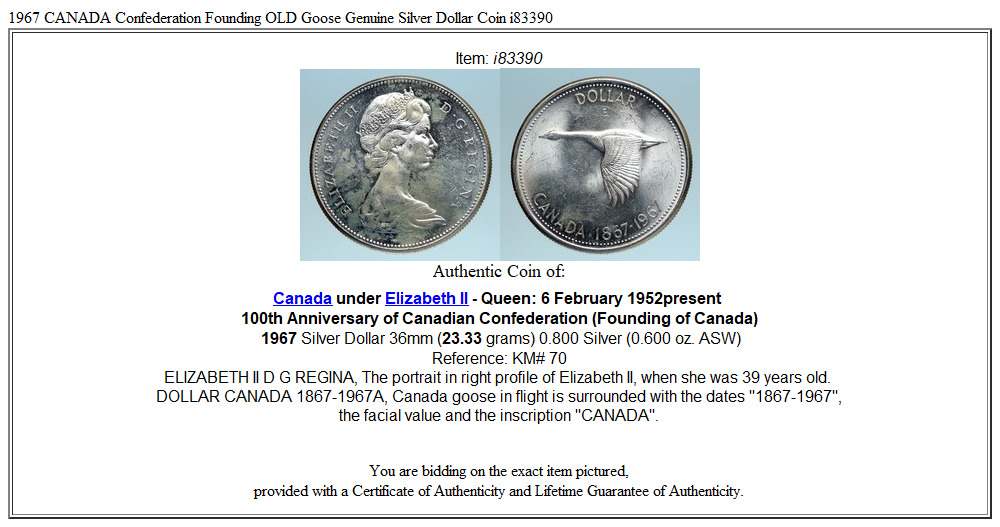 1967 CANADA Confederation Founding OLD Goose Genuine Silver Dollar Coin i83390