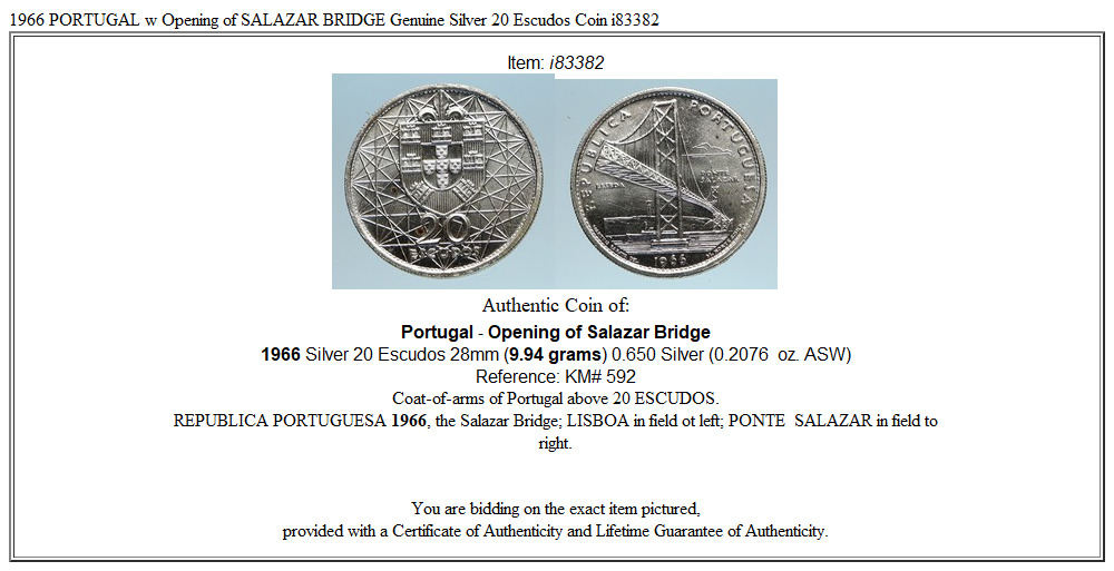 1966 PORTUGAL w Opening of SALAZAR BRIDGE Genuine Silver 20 Escudos Coin i83382