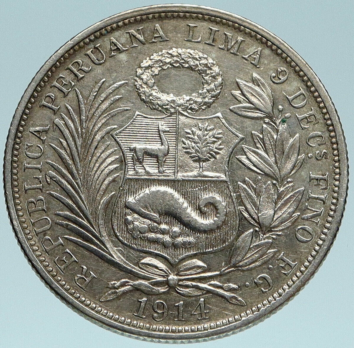 1914 PERU South America 1/2 SOL Genuine Original Silver Peruvian Coin i83161