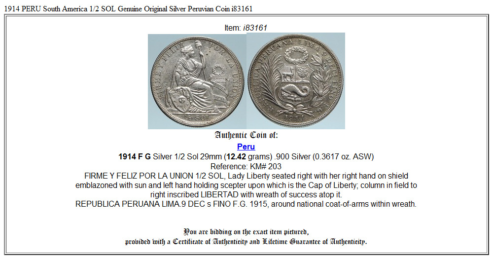 1914 PERU South America 1/2 SOL Genuine Original Silver Peruvian Coin i83161