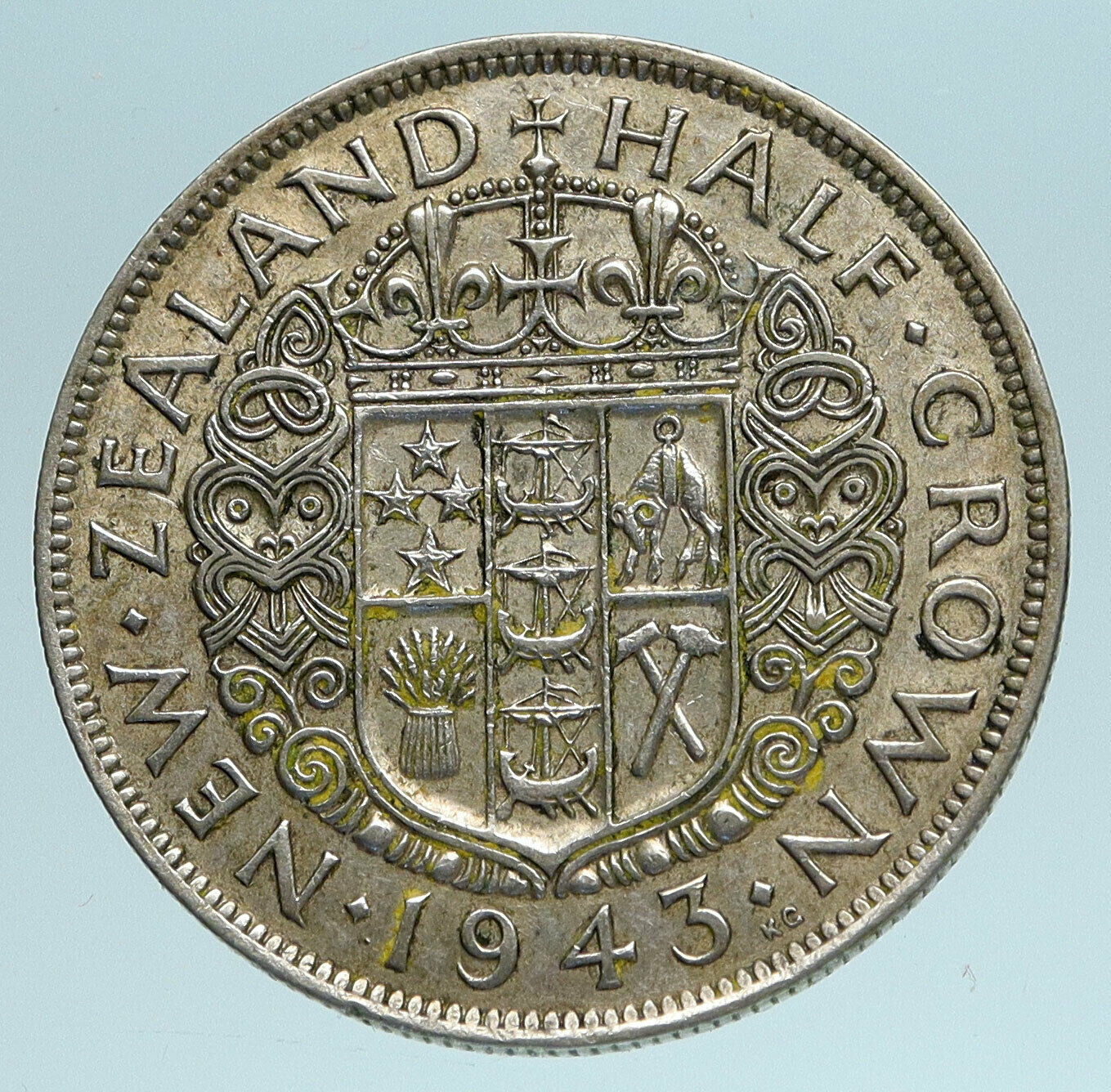 1943 NEW ZEALAND under UK King George VI Silver 1/2 Crown Coin Shield i83398