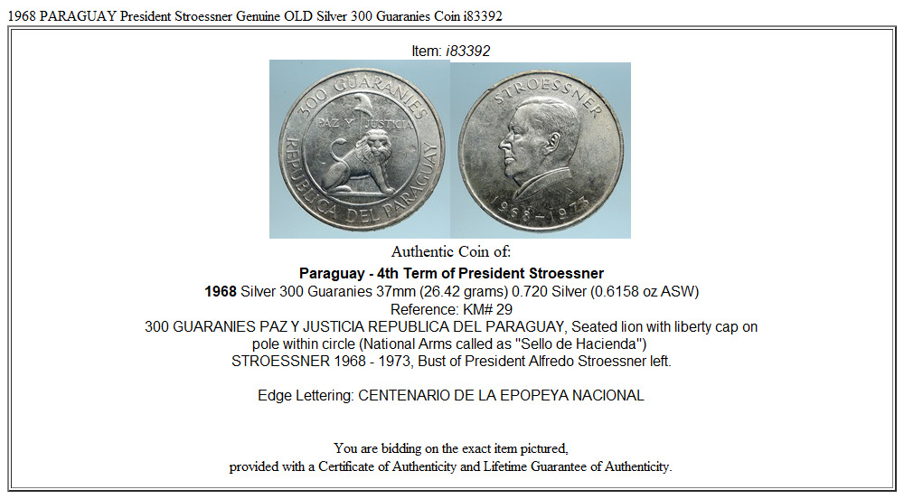 1968 PARAGUAY President Stroessner Genuine OLD Silver 300 Guaranies Coin i83392