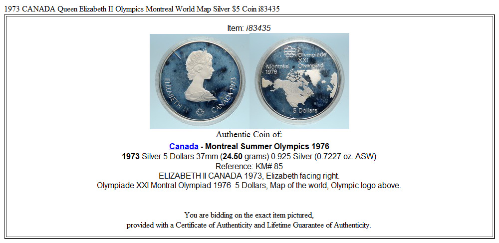 1973 CANADA Queen Elizabeth II Olympics Montreal World Map Silver $5 Coin i83435