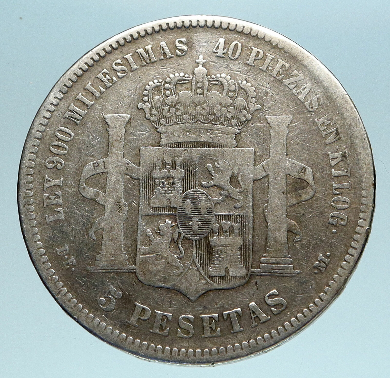 1876 SPAIN w King ALFONSO XII Old Antique Silver 5 Pesetas SPANISH Coin i83401