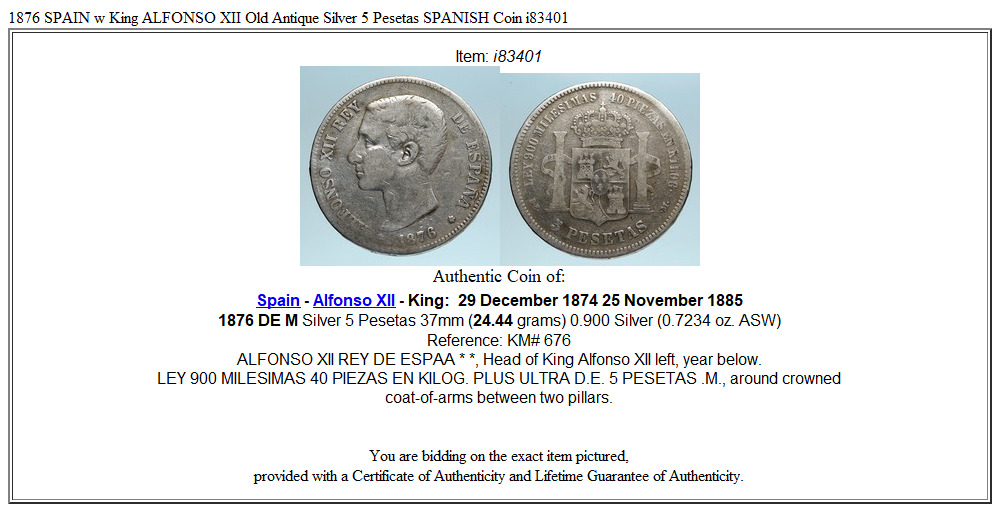 1876 SPAIN w King ALFONSO XII Old Antique Silver 5 Pesetas SPANISH Coin i83401