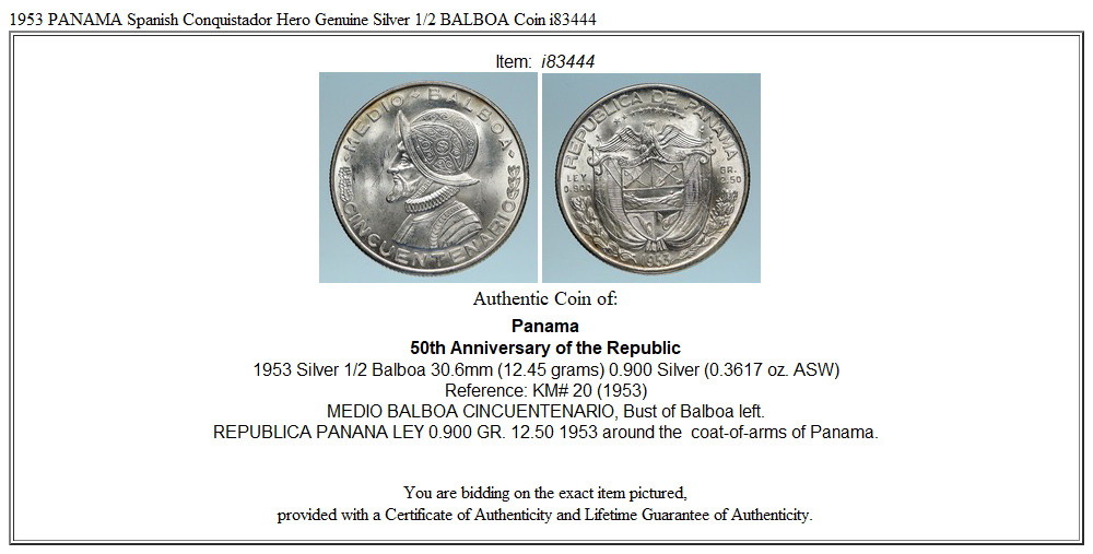 1953 PANAMA Spanish Conquistador Hero Genuine Silver 1/2 BALBOA Coin i83444