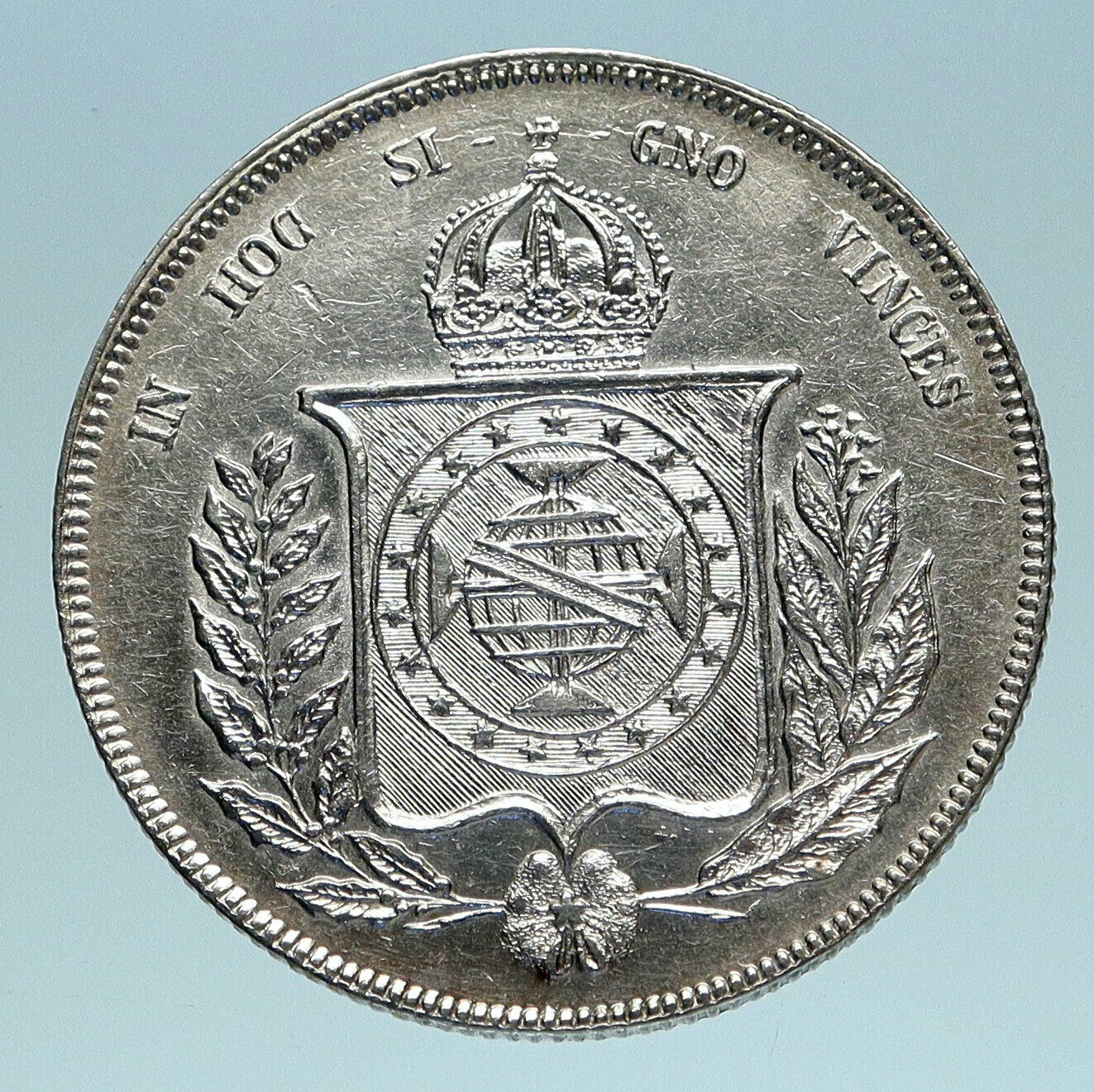 1859 BRAZIL Coat-Of-Arms Genuine Antique Silver 1000 Reis Brazilian Coin i83434