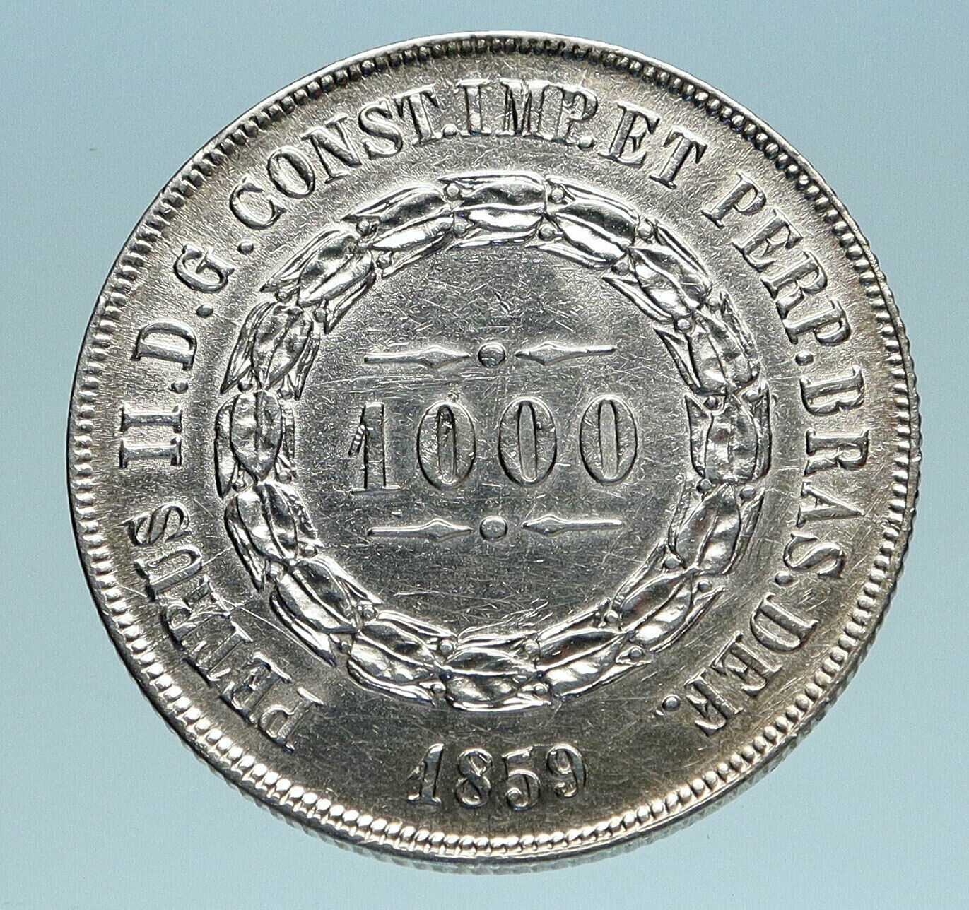 1859 BRAZIL Coat-Of-Arms Genuine Antique Silver 1000 Reis Brazilian Coin i83434