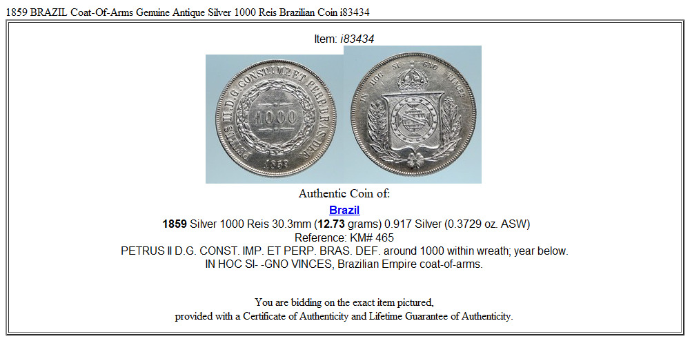 1859 BRAZIL Coat-Of-Arms Genuine Antique Silver 1000 Reis Brazilian Coin i83434