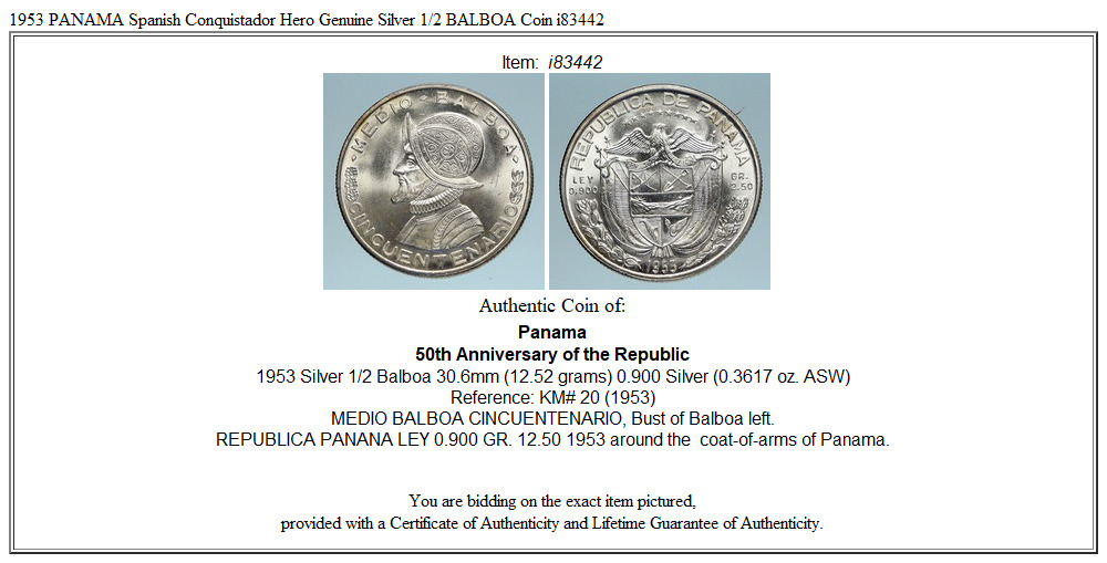 1953 PANAMA Spanish Conquistador Hero Genuine Silver 1/2 BALBOA Coin i83442