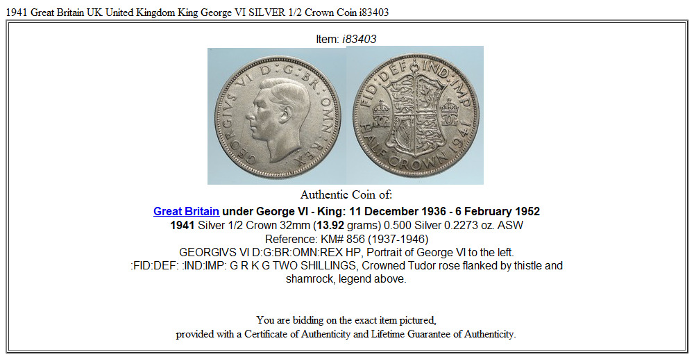 1941 Great Britain UK United Kingdom King George VI SILVER 1/2 Crown Coin i83403