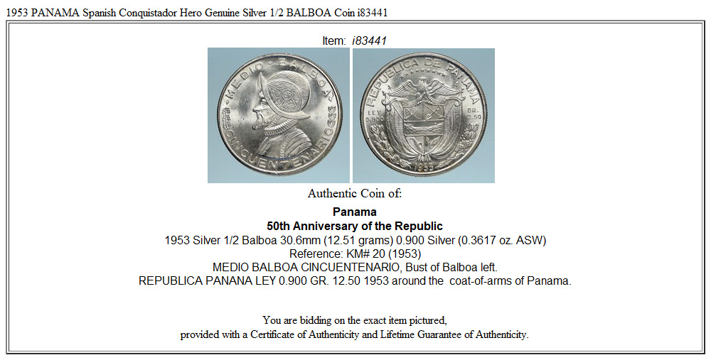 1953 PANAMA Spanish Conquistador Hero Genuine Silver 1/2 BALBOA Coin i83441