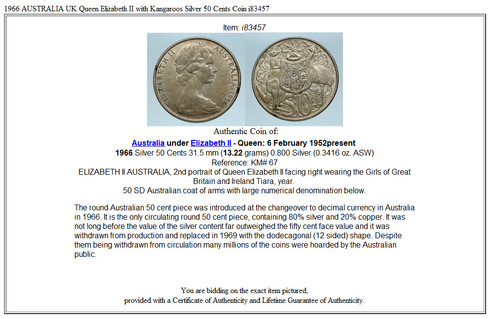 1966 AUSTRALIA UK Queen Elizabeth II with Kangaroos Silver 50 Cents Coin i83457