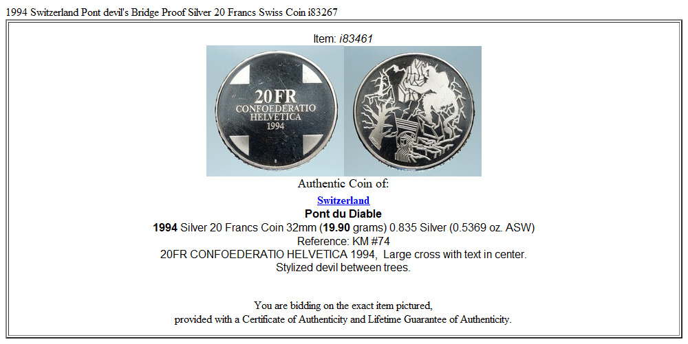 1994 Switzerland Pont devil's Bridge Proof Silver 20 Francs Swiss Coin i83461