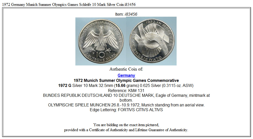 1972 Germany Munich Summer Olympics Games Schleife 10 Mark Silver Coin i83456