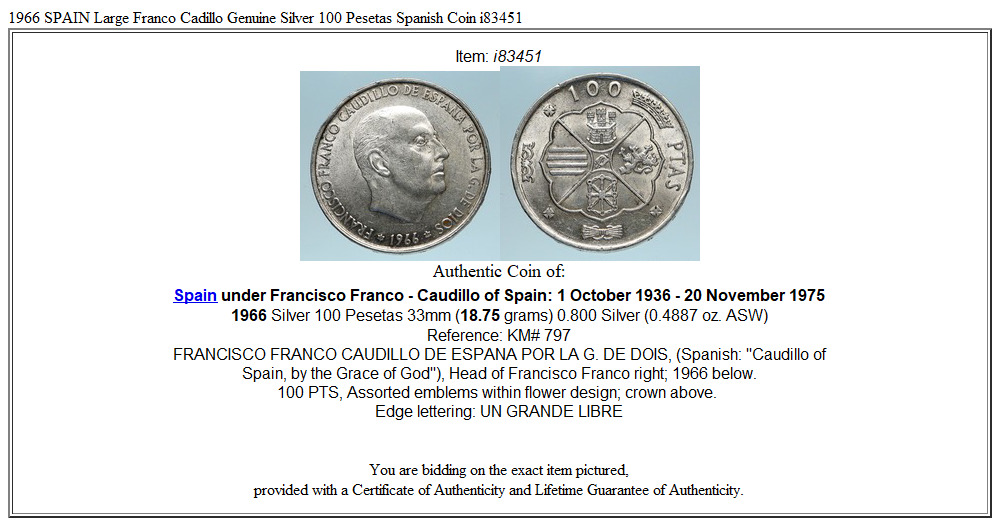 1966 SPAIN Large Franco Cadillo Genuine Silver 100 Pesetas Spanish Coin i83451