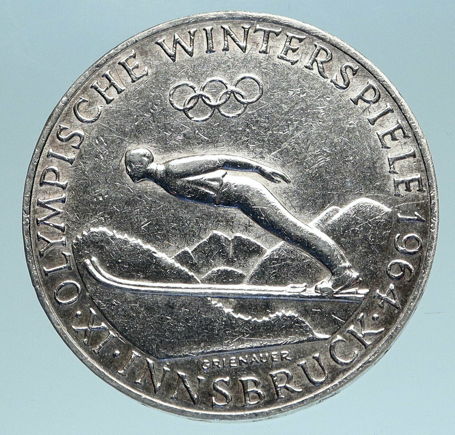 1964 AUSTRIA Innsbruck Winter Olympic Games SKIING OLD Silver 50Shlg Coin i83454