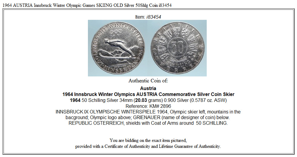 1964 AUSTRIA Innsbruck Winter Olympic Games SKIING OLD Silver 50Shlg Coin i83454