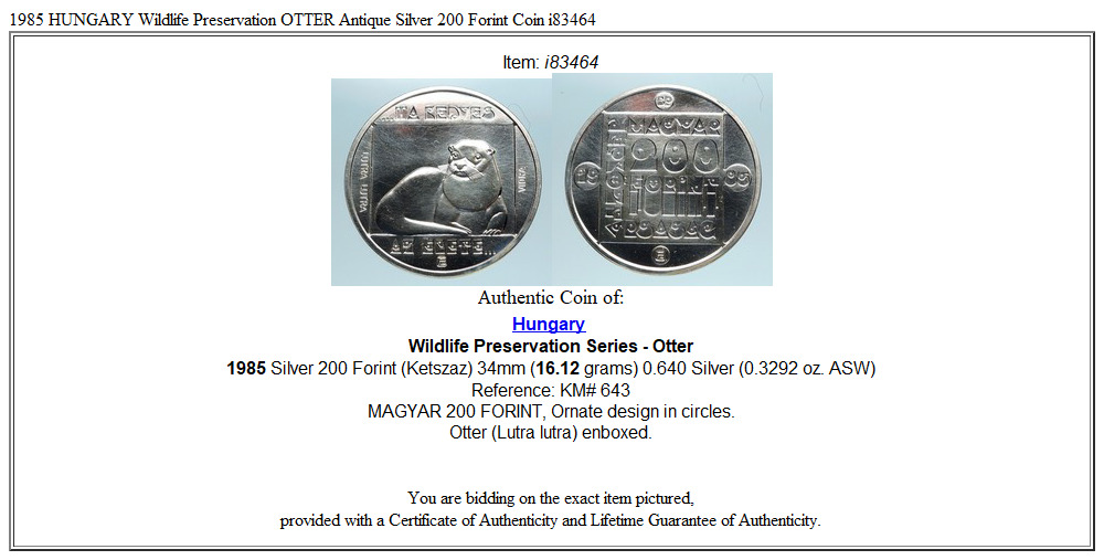 1985 HUNGARY Wildlife Preservation OTTER Antique Silver 200 Forint Coin i83464