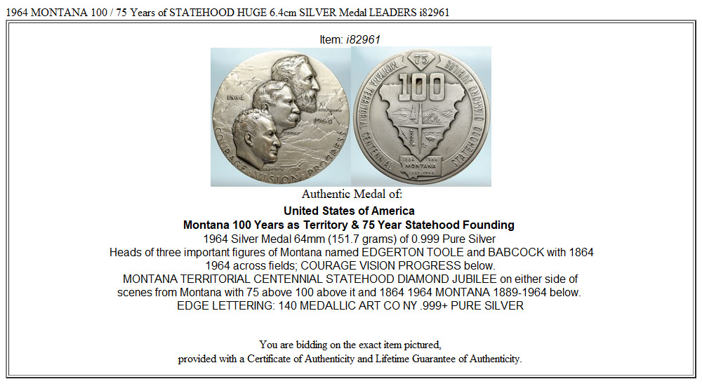 1964 MONTANA 100 / 75 Years of STATEHOOD HUGE 6.4cm SILVER Medal LEADERS i82961