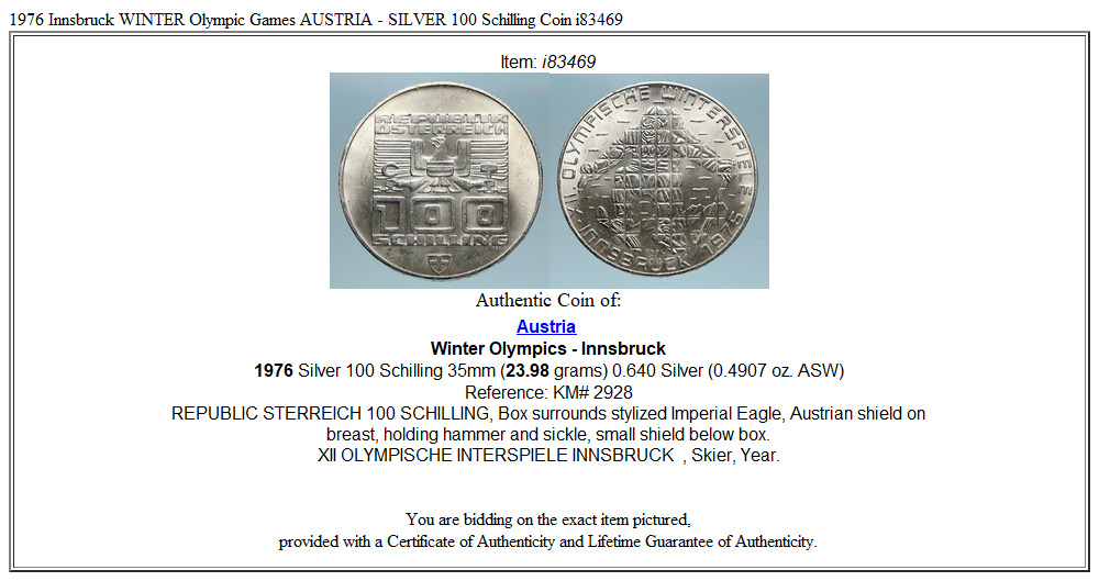 1976 Innsbruck WINTER Olympic Games AUSTRIA - SILVER 100 Schilling Coin i83469