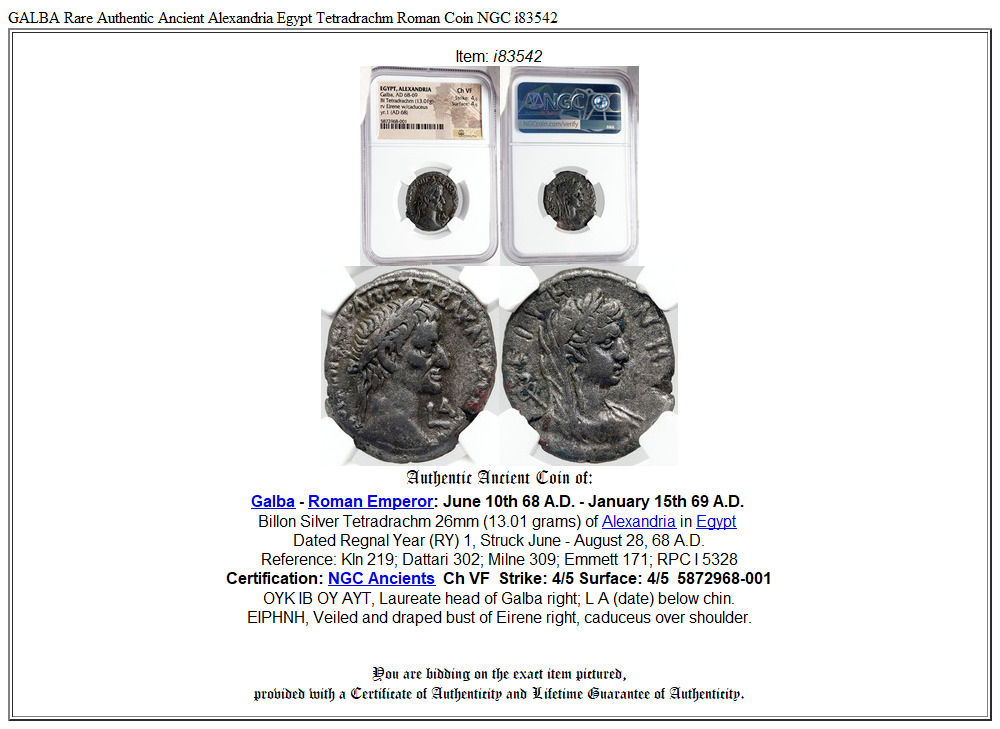 GALBA Rare Authentic Ancient Alexandria Egypt Tetradrachm Roman Coin NGC i83542