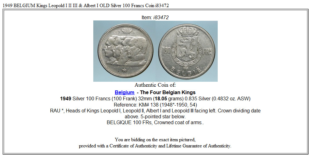 1949 BELGIUM Kings Leopold I II III & Albert I OLD Silver 100 Francs Coin i83472