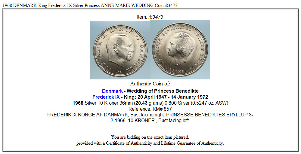 1968 DENMARK King Frederick IX Silver Princess Benedikte WEDDING 10K Coin i83473