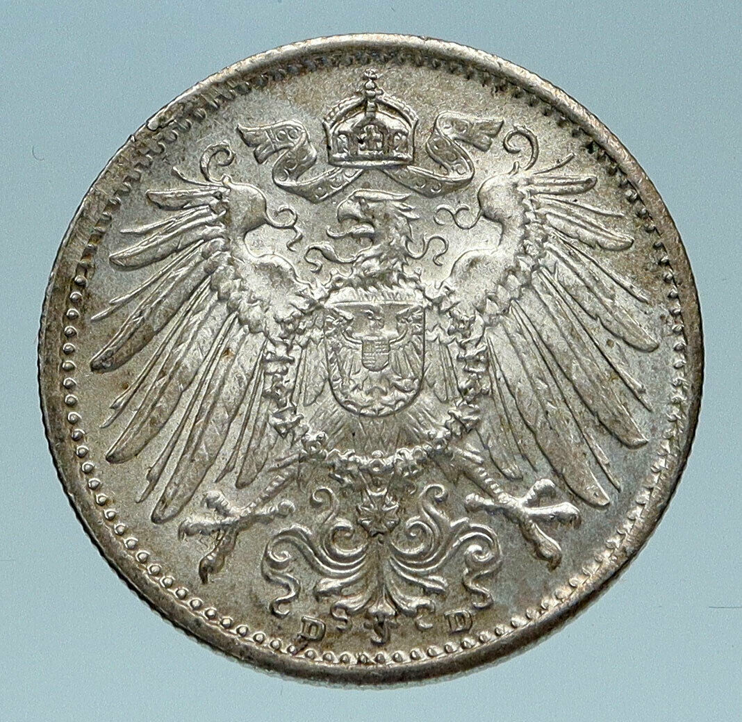 1914 WILHELM II of GERMANY 1 Mark Antique German Empire Silver Coin Eagle i83488