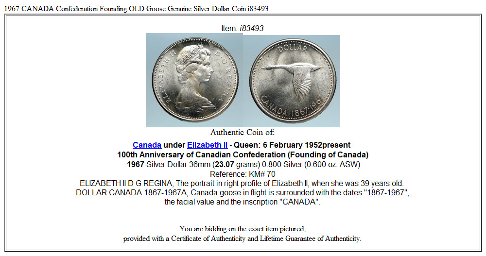 1967 CANADA Confederation Founding OLD Goose Genuine Silver Dollar Coin i83493