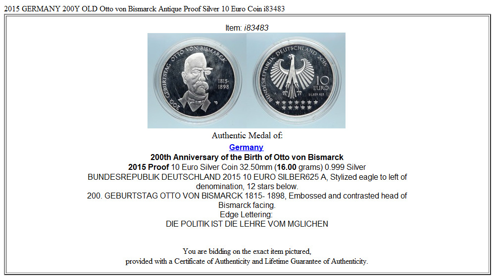 2015 GERMANY 200Y OLD Otto von Bismarck Antique Proof Silver 10 Euro Coin i83483