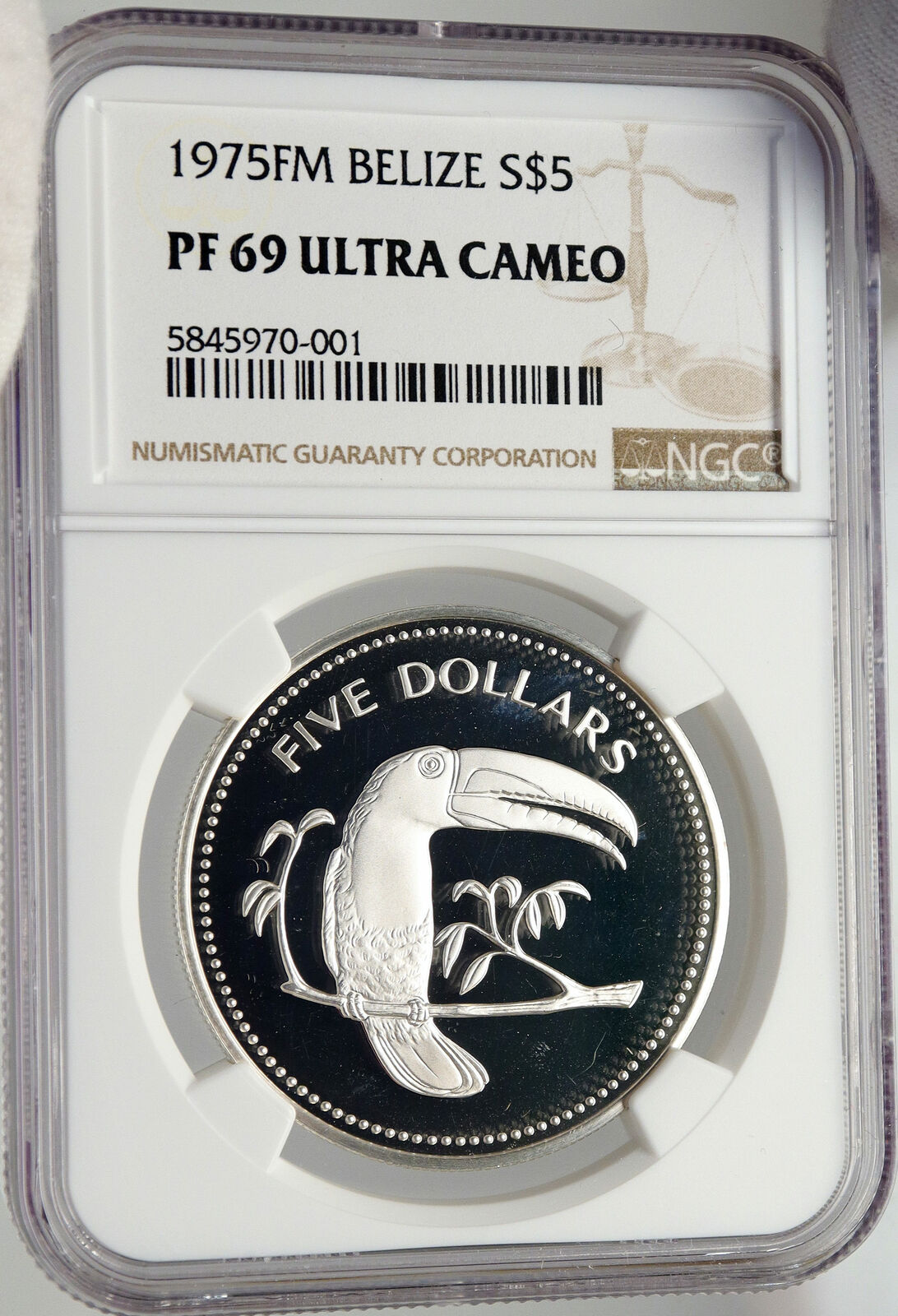 1975 BELIZE Authentic LARGE SILVER $5 COIN w TOUCAN BIRD NGC PF 69 i83555