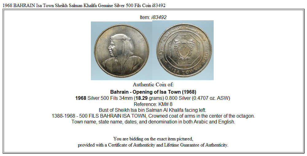 1968 BAHRAIN Isa Town Sheikh Salman Khalifa Genuine Silver 500 Fils Coin i83492