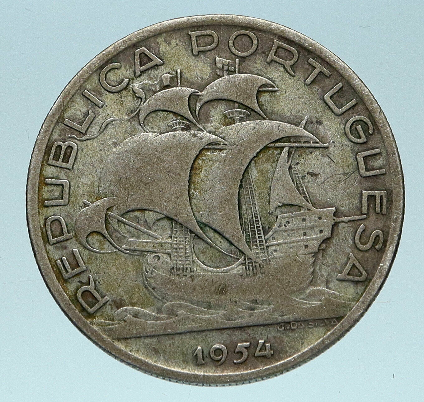 1954 PORTUGAL with PORTUGUESE SAILING SHIP Genuine Silver 10 Escudos Coin i83500