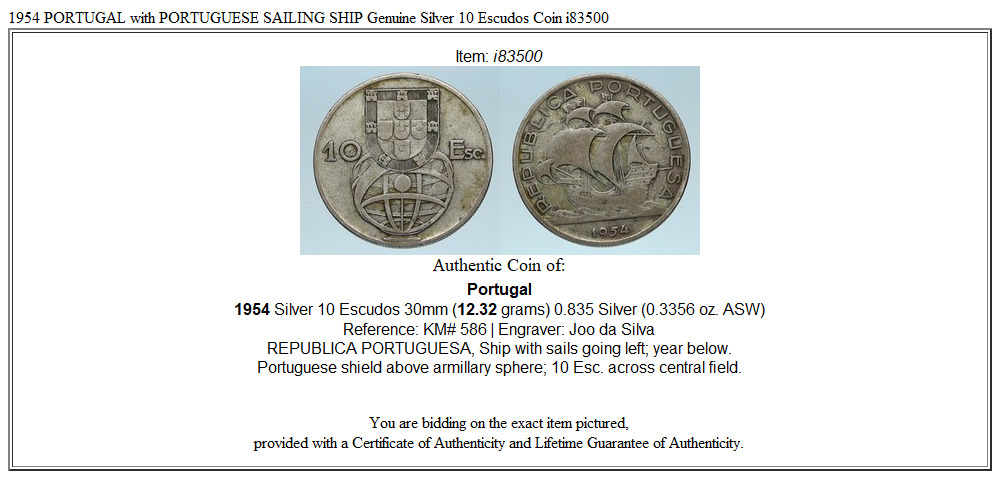 1954 PORTUGAL with PORTUGUESE SAILING SHIP Genuine Silver 10 Escudos Coin i83500