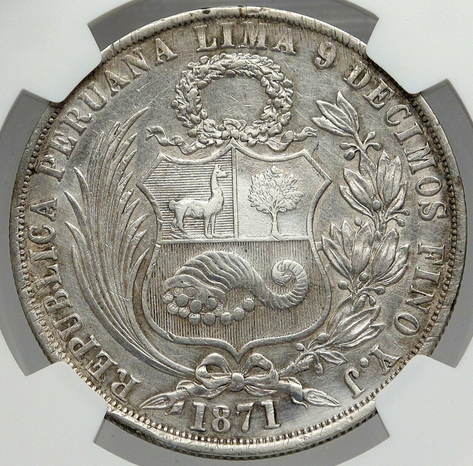 1871 YJ PERU South America Antique Original Silver Peruvian Sol NGC Coin i82950