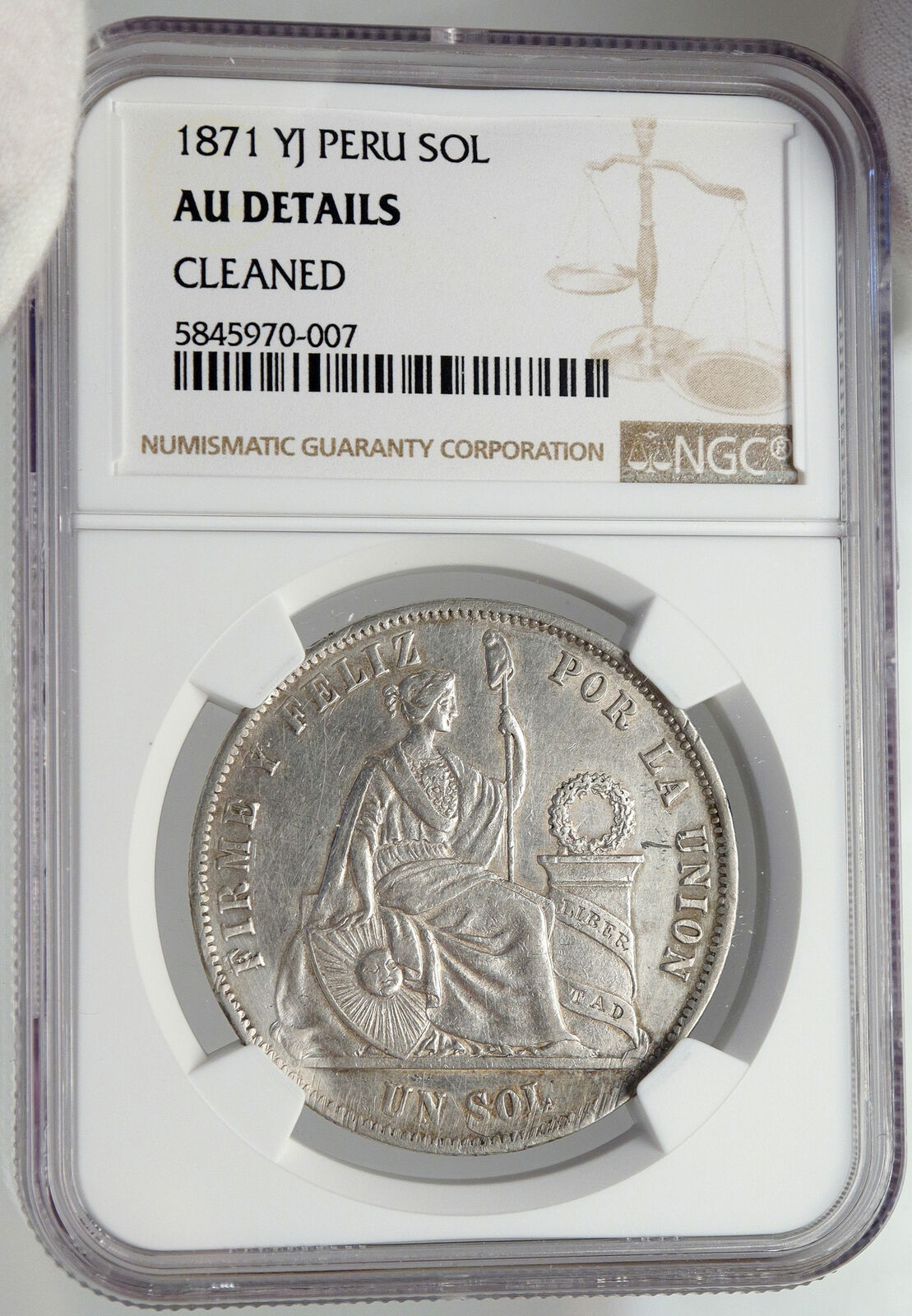 1871 YJ PERU South America Antique Original Silver Peruvian Sol NGC Coin i82950