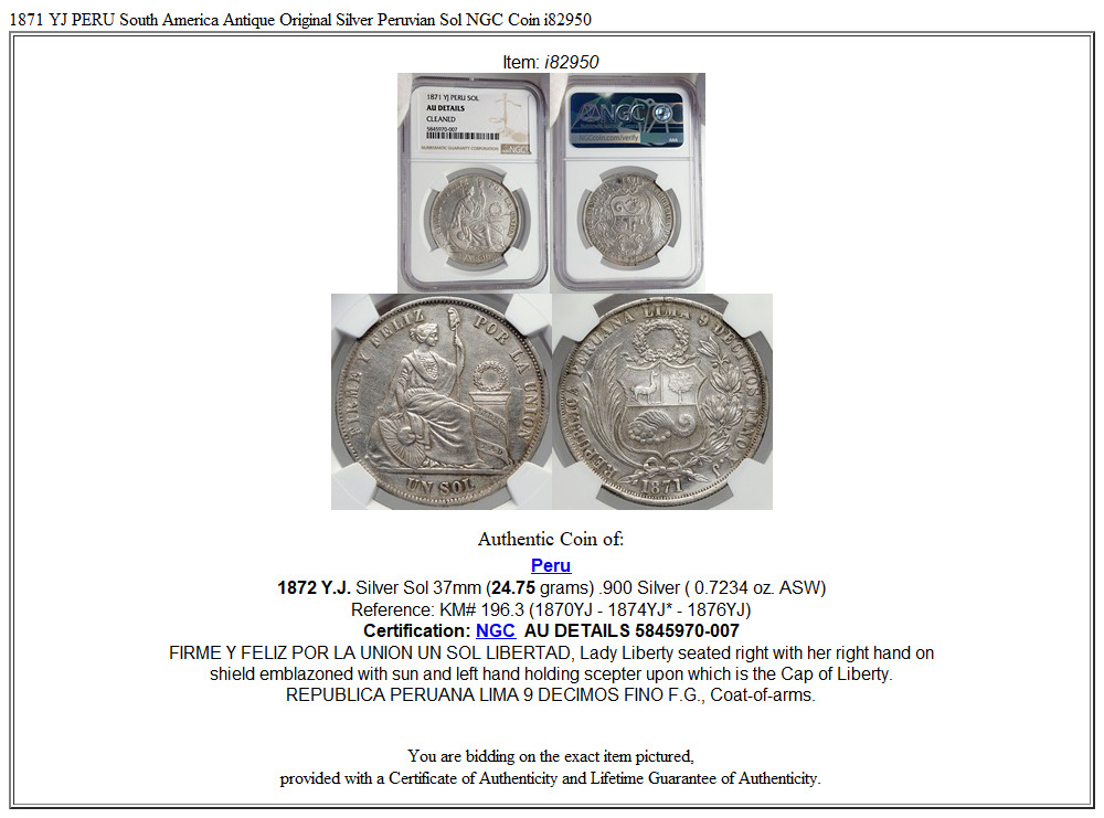 1871 YJ PERU South America Antique Original Silver Peruvian Sol NGC Coin i82950