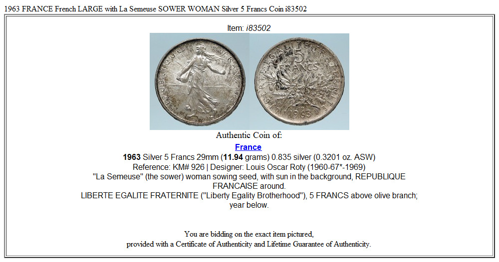 1963 FRANCE French LARGE with La Semeuse SOWER WOMAN Silver 5 Francs Coin i83502