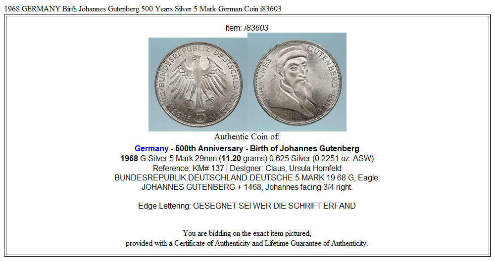 1968 GERMANY Birth Johannes Gutenberg 500 Years Silver 5 Mark German Coin i83603